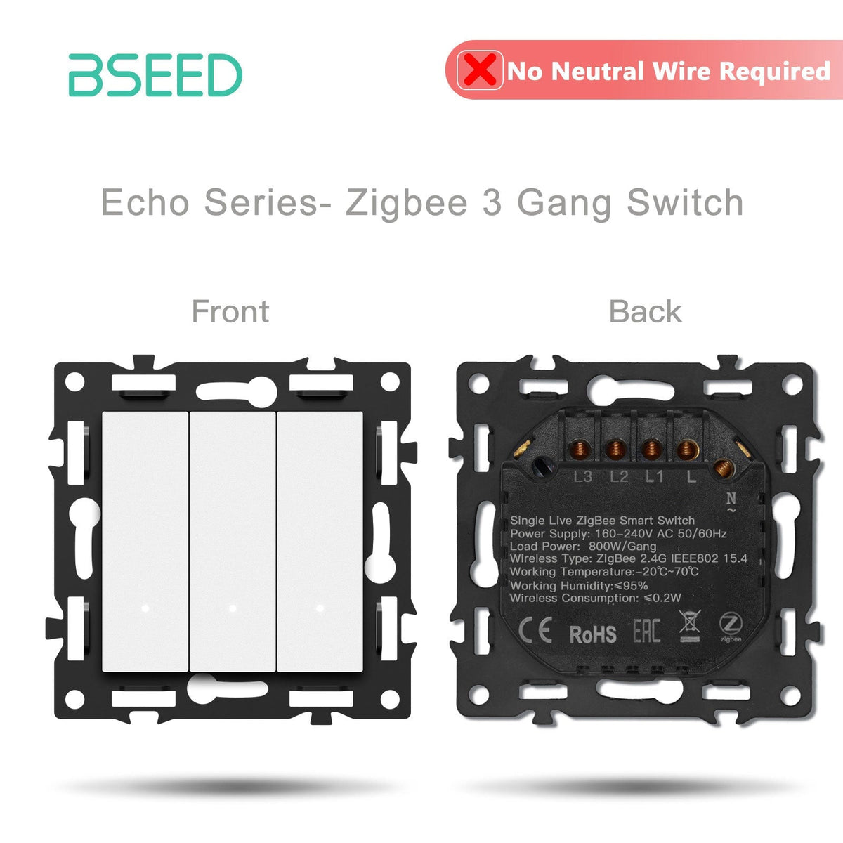 Interruttore Smart Zigbee serie Click, inserto presa, parte fai-da-te, combinazioni libere personalizzate, colore bianco, pannello in vetro cristallo, interruttore luce Zigbee 3 Gang Bseed, senza filo neutro.