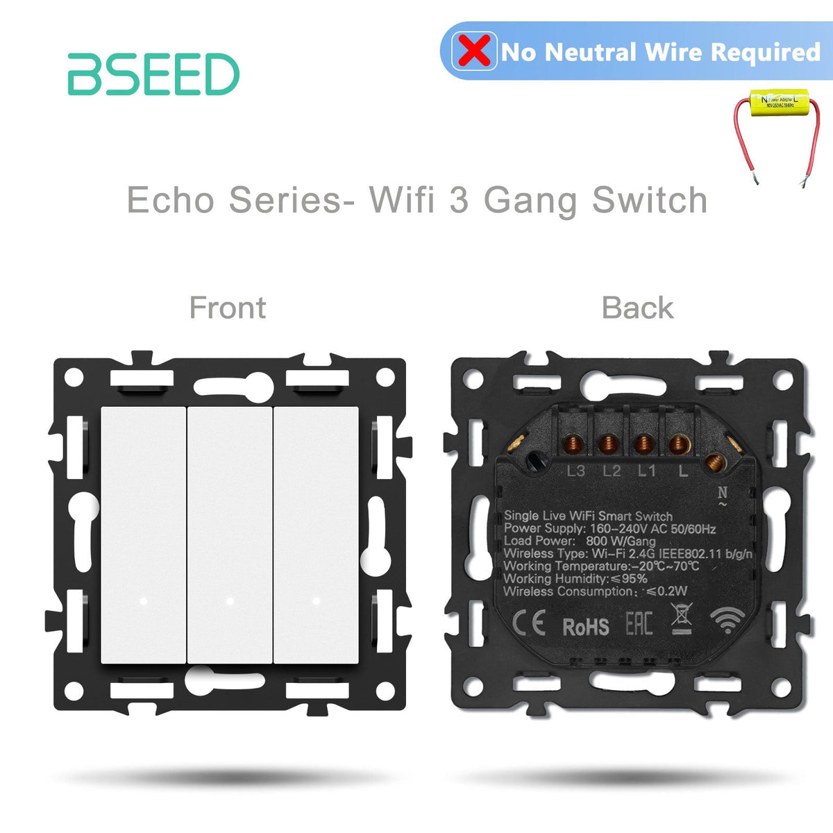 Interruttore Smart Wifi Bseed 3 Gang, serie Click, parte fai-da-te, combinazioni personalizzabili, inserto presa, pannello in vetro cristallo bianco, senza filo neutro.