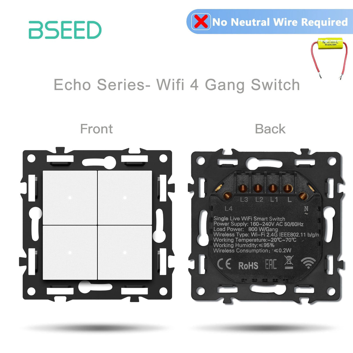 Interruttore Wi-Fi intelligente Bseed serie Click, modulo fai-da-te personalizzabile, combinazioni libere, pannello in vetro cristallo bianco, interruttore Wi-Fi a 4 vie senza filo neutro