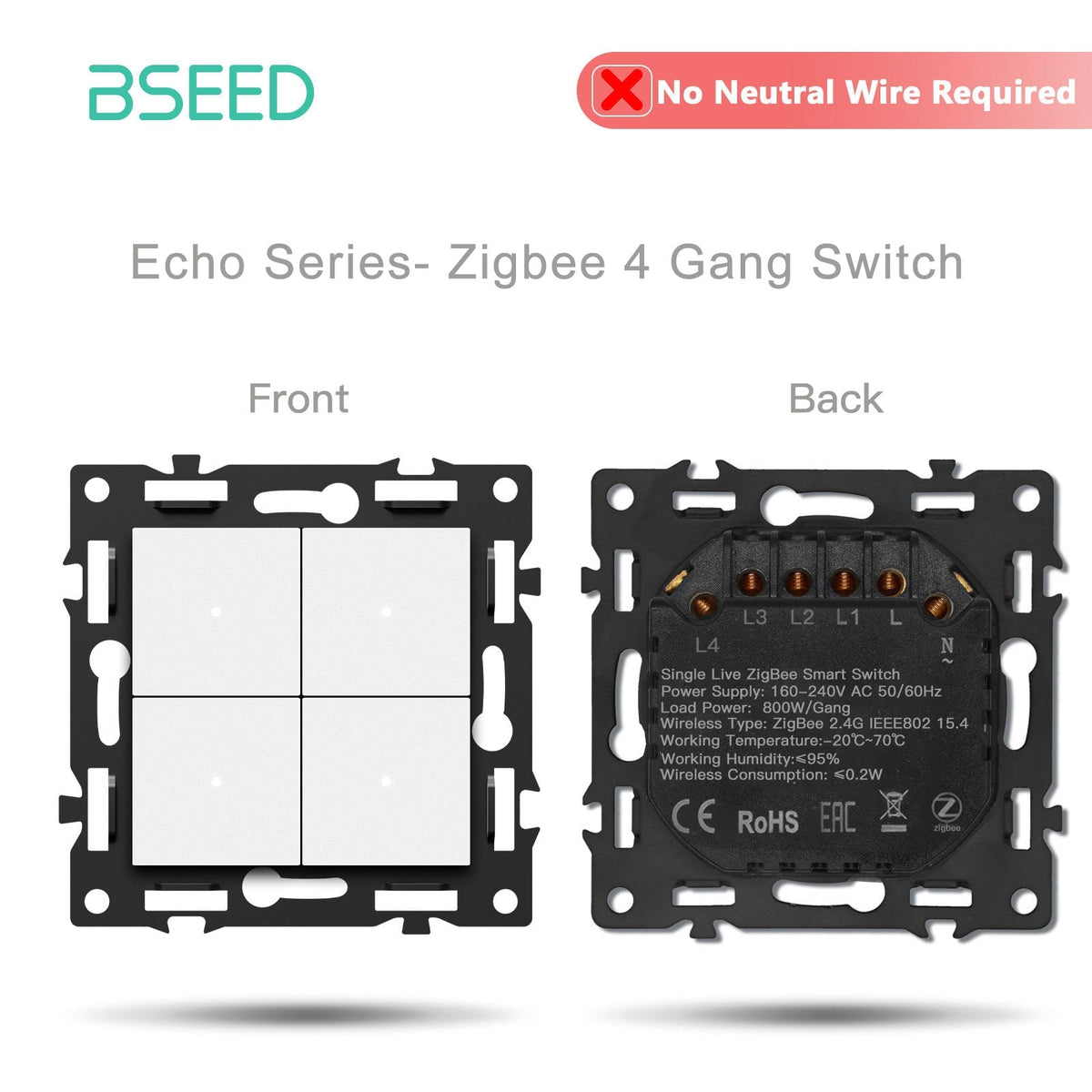 Interruttore Zigbee Smart serie Click, modulo presa, componente fai-da-te, combinazioni personalizzabili, colore bianco, pannello in vetro cristallo, interruttore luce Bseedswitch Zigbee a 4 vie, senza filo neutro richiesto