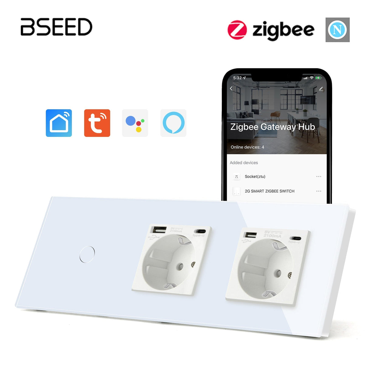 Interrupteur Bseed Zigbee 1/2/3 Gang avec prises murales standard EU à double usage normal avec interrupteur USB-C Bseedswitch Blanc 1Gang