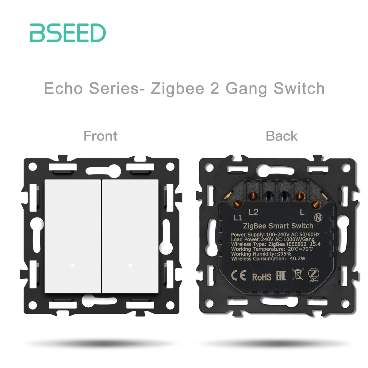 Interruttore Smart Zigbee serie Click, componente fai-da-te per presa, combinazioni personalizzabili, pannello in vetro cristallo bianco, interruttore Zigbee 2 Gang Bseed, richiede filo neutro