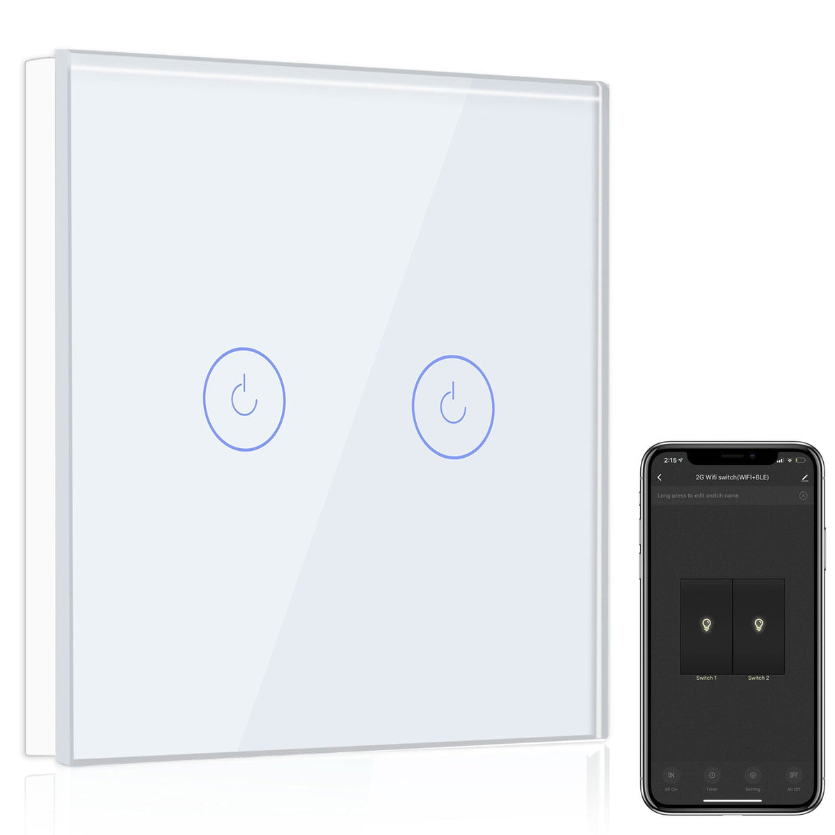 Bseed Smart Wifi Light Switch Wall Switch (With Neutral) Light Switches Bseedswitch White 1Pcs/Pack 2 Gang