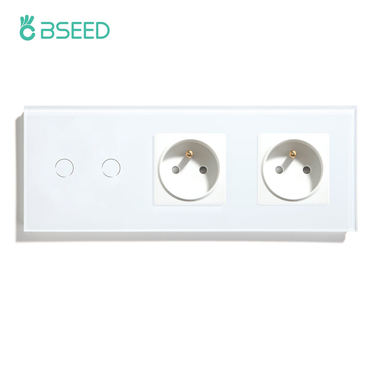 Bseed Wall Light Switch with Double France Socket 16A Plug Glass Panel Wall Plates & Covers Bseedswitch White 2 Gang 1way