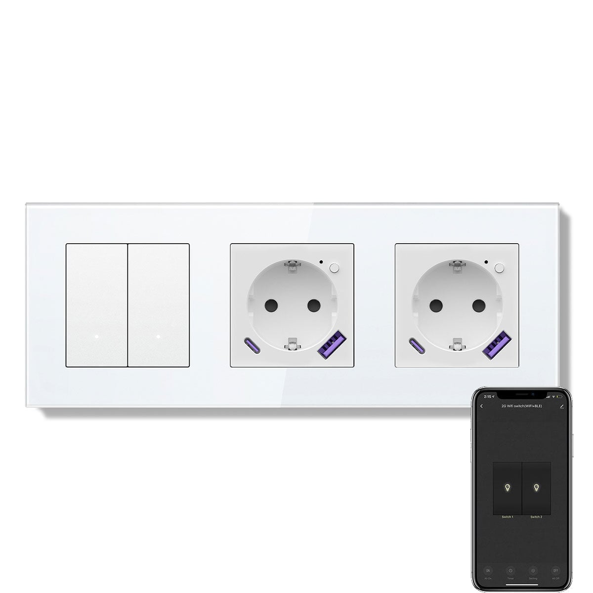 Echo Series Smart Wifi Switch With Double Wifi EU Socket Support energy monitoring with 20W usb type-c port 228mm Power Outlets & Sockets Bseedswitch White 2Gang