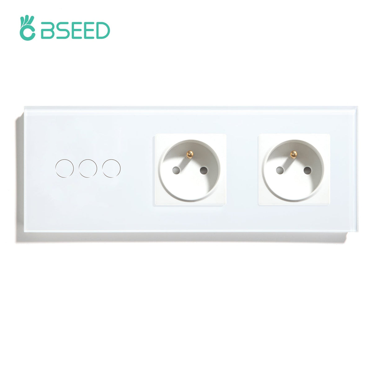Bseed Wall Light Switch with Double France Socket 16A Plug Glass Panel Wall Plates & Covers Bseedswitch White 3 Gang 1way