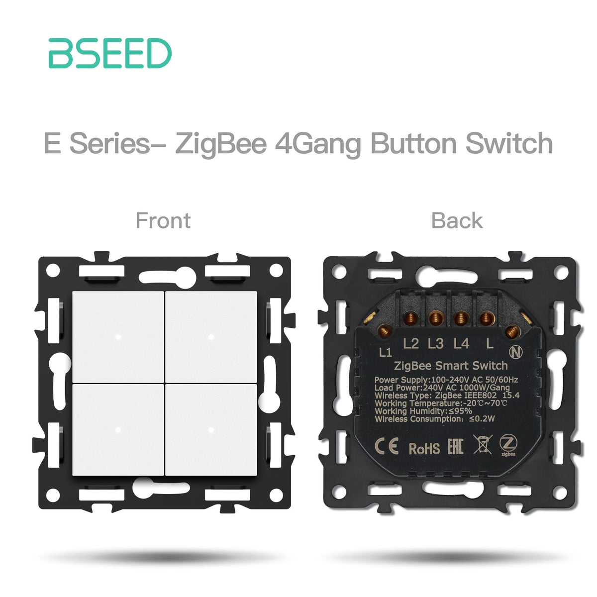 BSEED DIY Part Customized Free Combinations Mechanical Switch Socket Insert White Color Crystal Glass Panel Light Switches Bseedswitch Zigbee 4 Gnag switch with Neutral