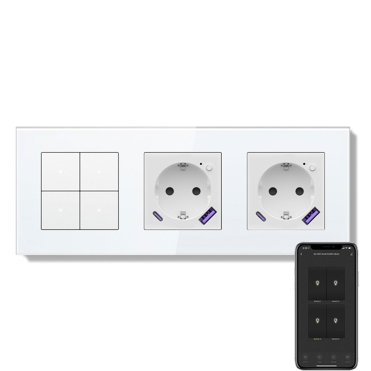 Echo Series Smart Wifi Switch With Double Wifi EU Socket Support energy monitoring with 20W usb type-c port 228mm Power Outlets & Sockets Bseedswitch White 3Gang