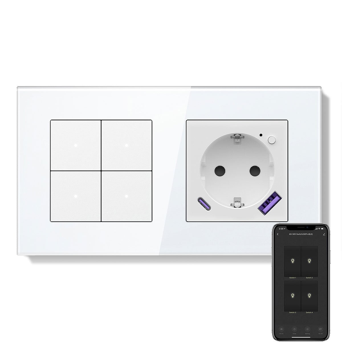 Echo Series Smart Wifi Light Switch With Smart Wifi EU Single Socket 157mm Neutral Line Quired Power Outlets & Sockets Bseedswitch White 4 Gang