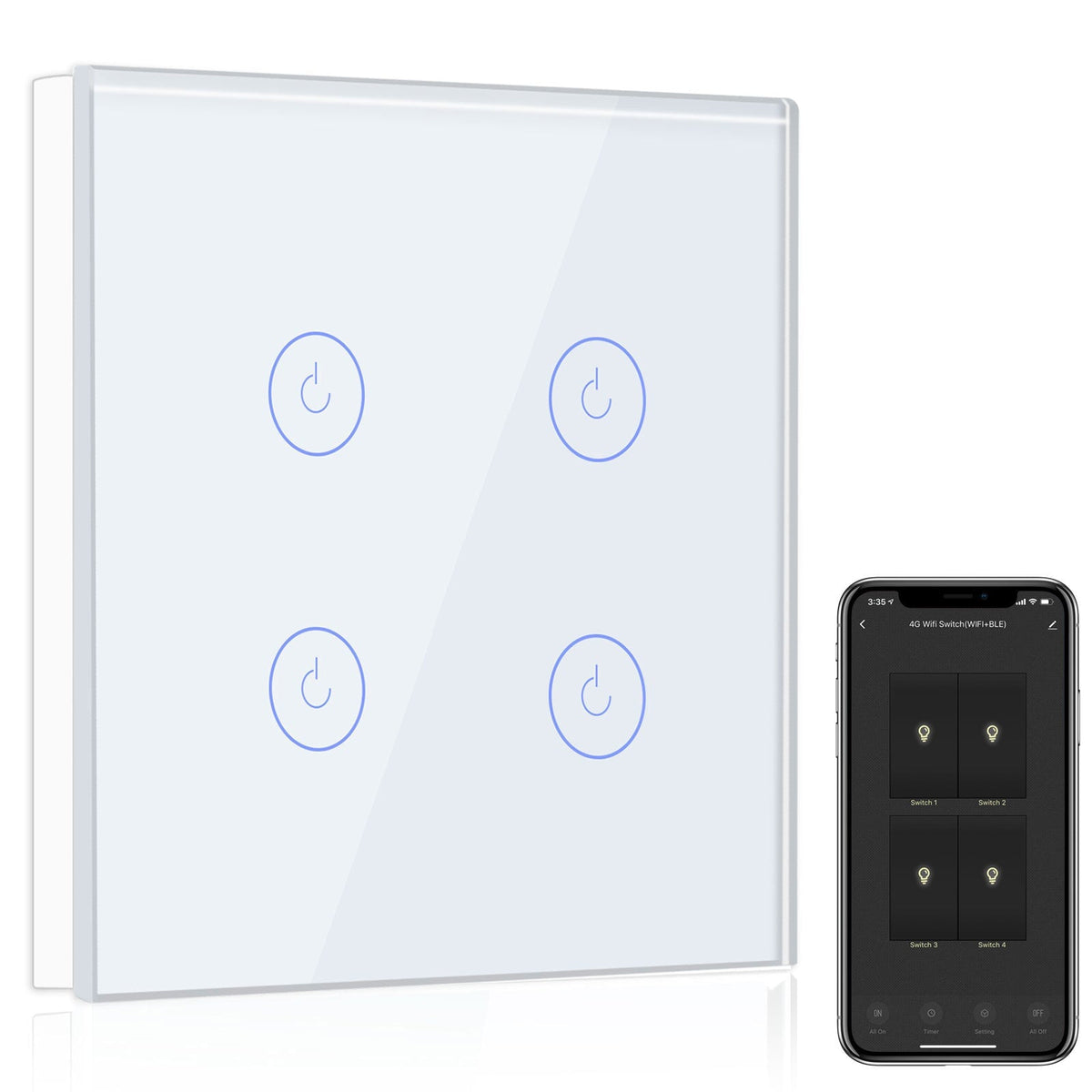 Bseed Smart Wifi Light Switch Wall Switch (With Neutral) Light Switches Bseedswitch White 1Pcs/Pack 4 Gang