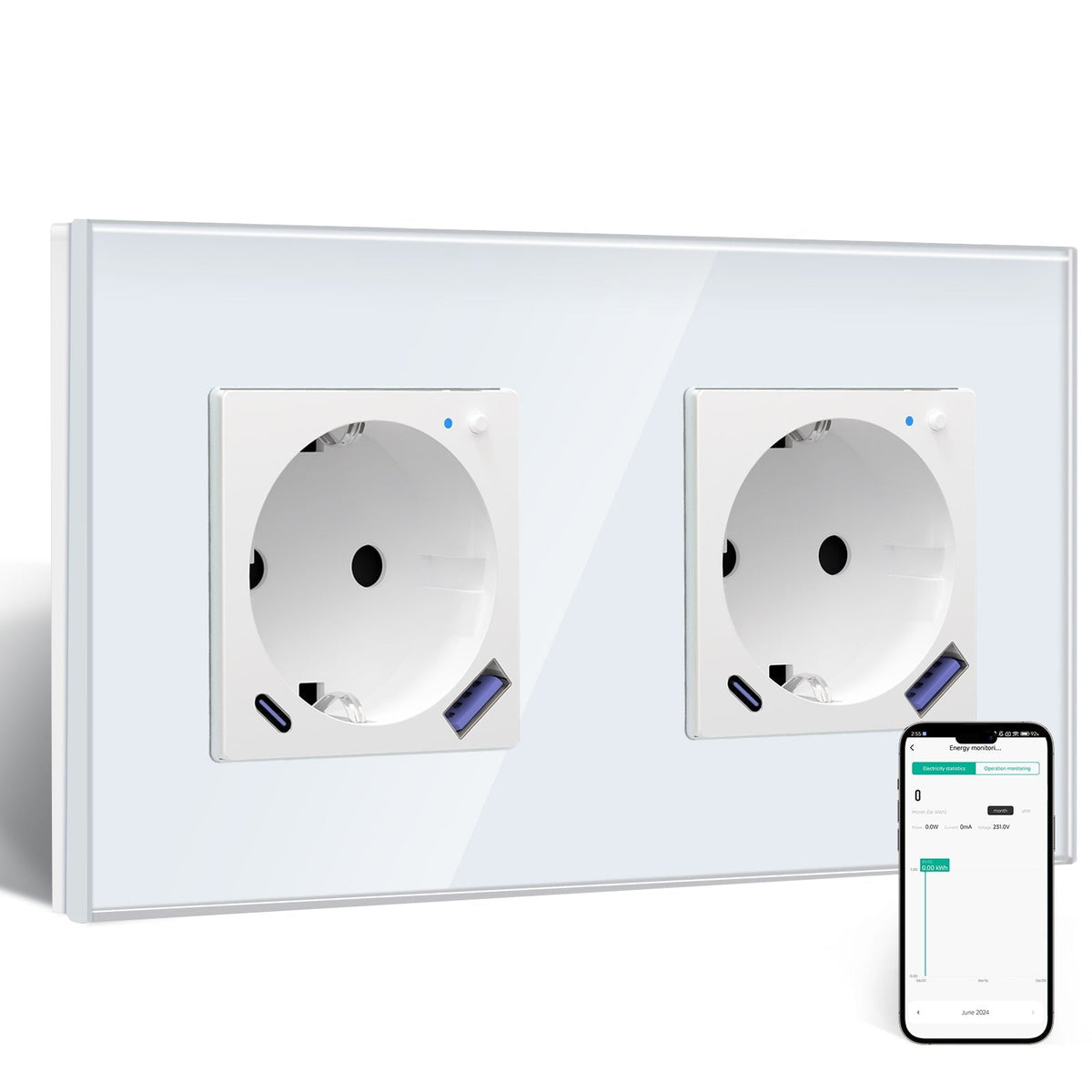 BSEED EU Wifi sockets Type-C With USB With Energy Monitoring socket Bseedswitch White Double