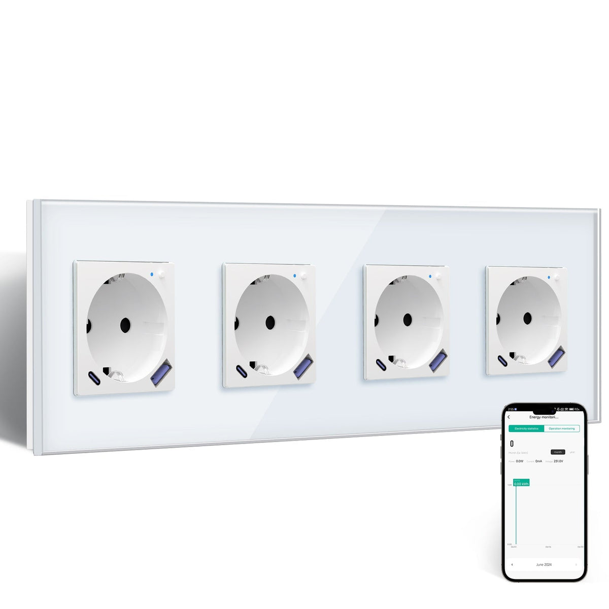 BSEED EU Wifi sockets Type-C With USB With Energy Monitoring socket Bseedswitch White Quadruple