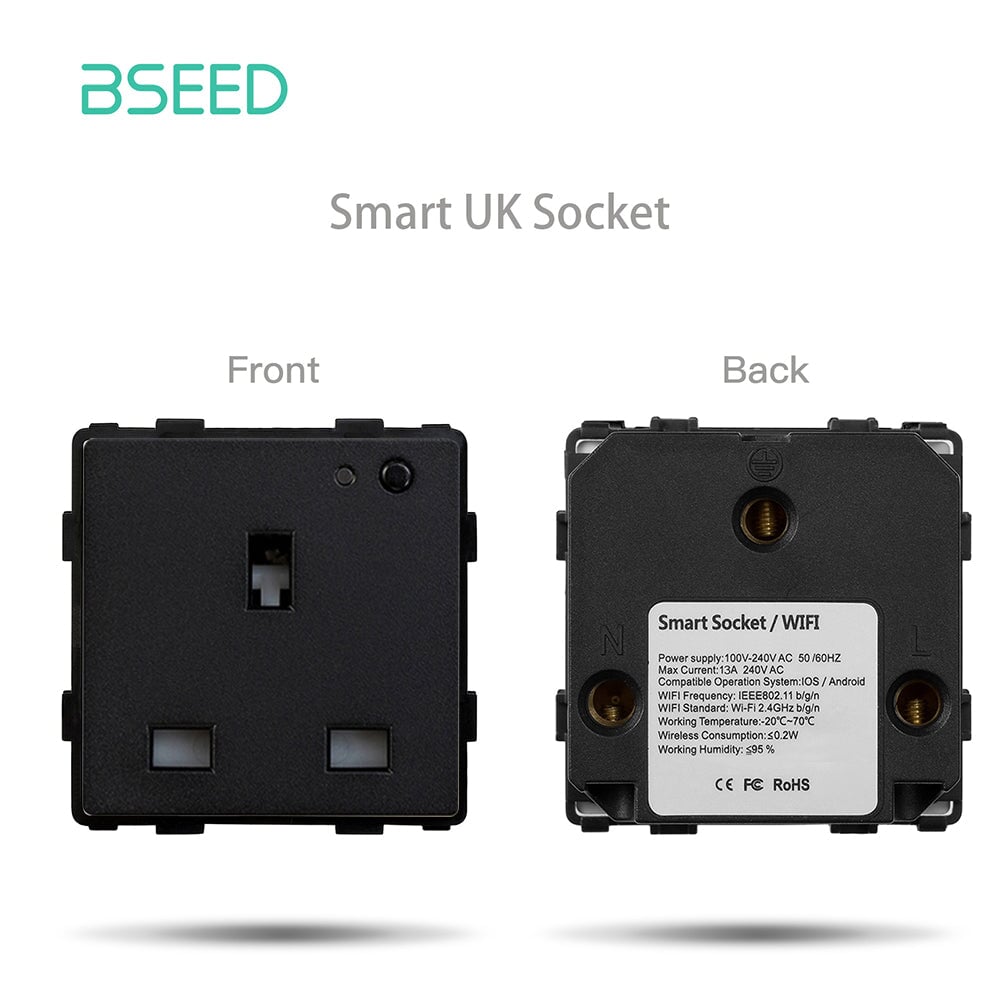 Bseed EU UK Russie Standard Prise en plastique Bouton Interrupteur Touche de fonction DIY Amélioration de l'habitat Plaques murales et couvercles Bseedswitch Noir WiFi UK Prise Touche de fonction