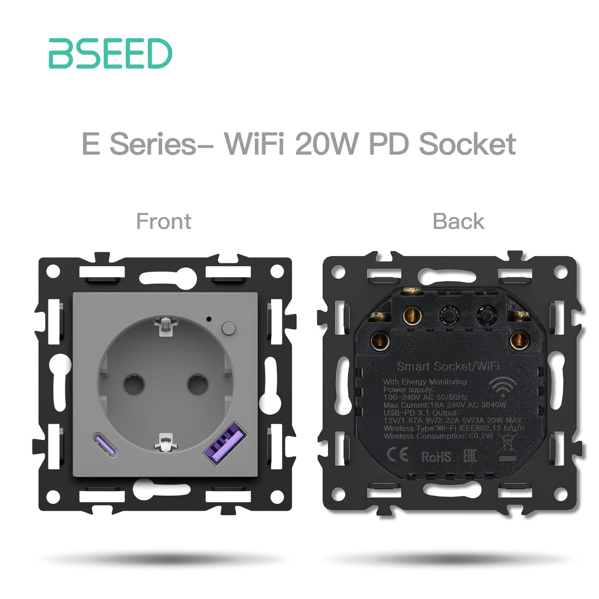 BSEED DIY Part Customized Free Combinations Mechanical Light Switch Wall Socket Insert Grey Color Crystal Glass Panel Light Switches Bseedswitch Wifi Eu Socket with Monitoring with 20W USB-C