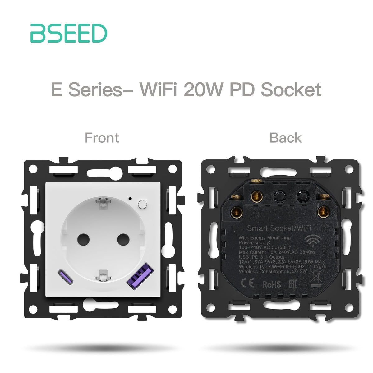 BSEED DIY Part Customized Free Combinations Mechanical Switch Socket Insert White Color Crystal Glass Panel Light Switches Bseedswitch Wifi Eu Socket with monitoring with 20W USB-C