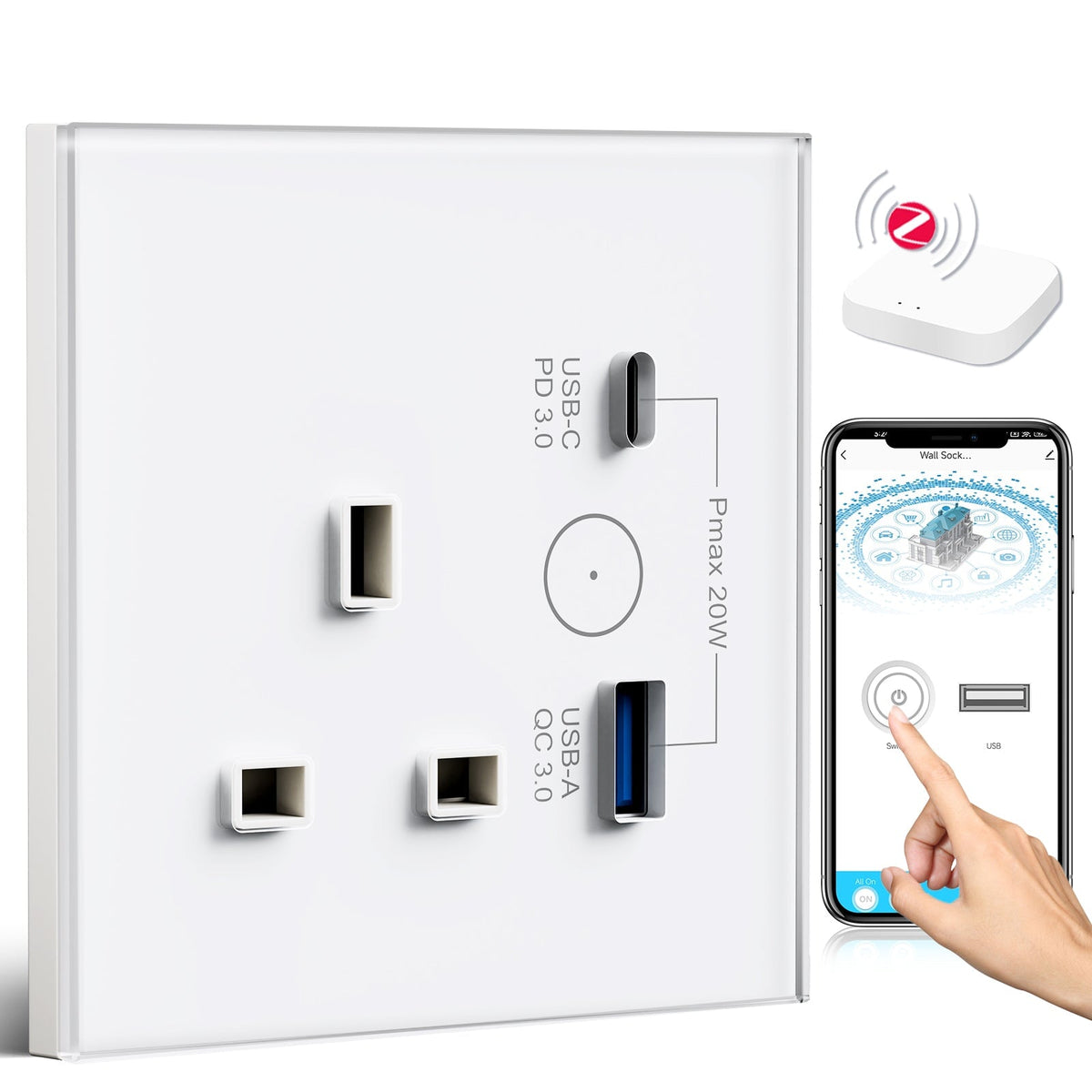 BSEED ZigBee UK Wall Sockets Power Outlets Kids Protection with PD 3.0 USB Type-c Port Wall Plates & Covers Bseedswitch white