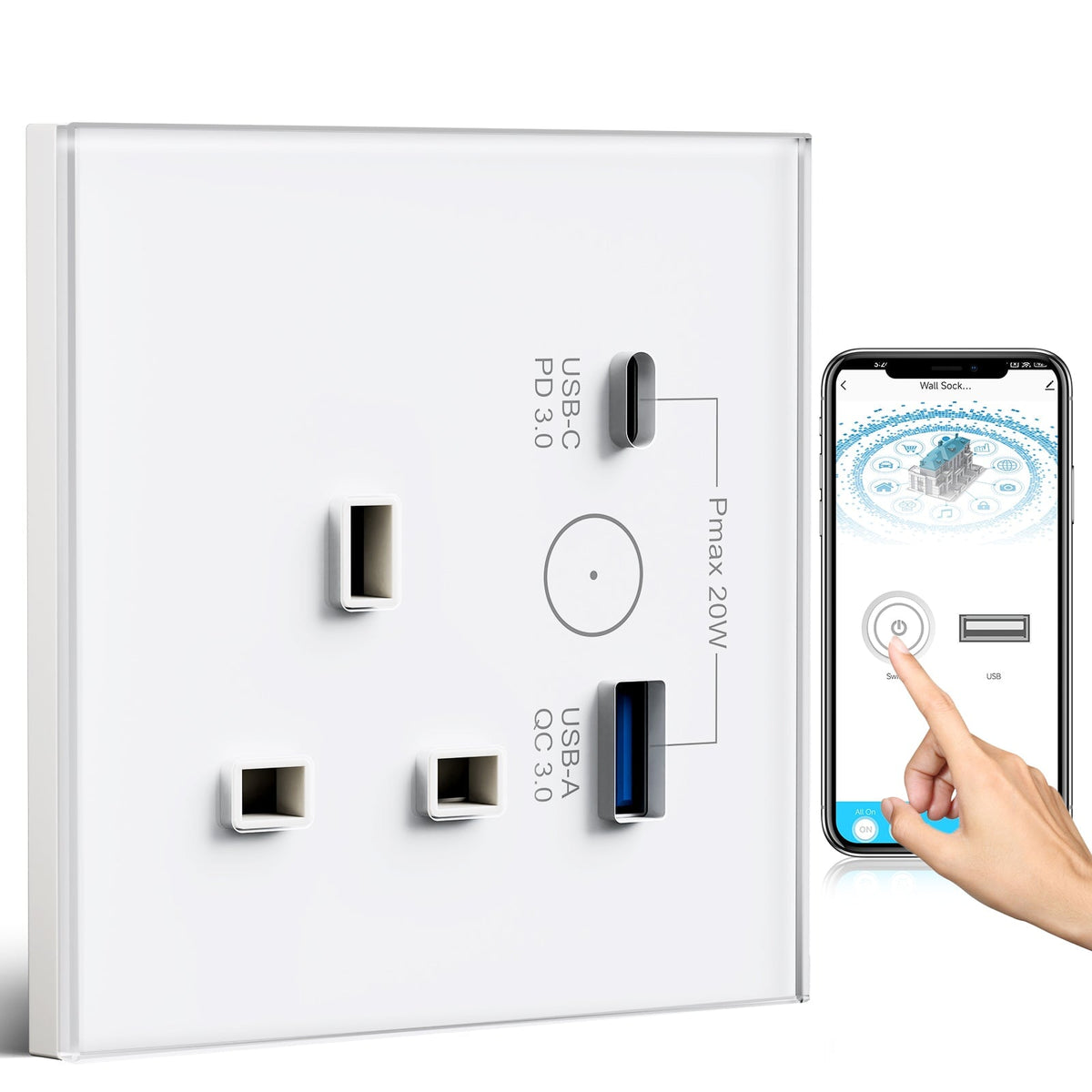 BSEED Smart WiFi UK Standards Wall Sockets with 20W USB type-c port glass panel Power Outlets & Sockets Bseedswitch white