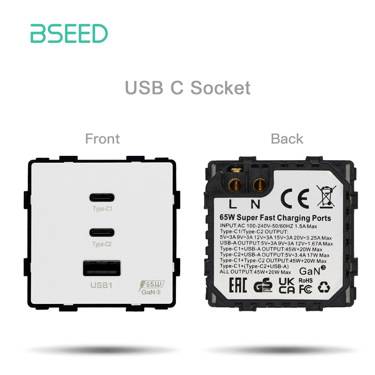 Bseed Crystal Glass Frames Socket Frame USB RJ45 Socket TV Satellite Wall Plug Function Parts DIY Free Combination White Color Wall Jacks & Braces Bseedswitch 65W usb +2 type-c socket