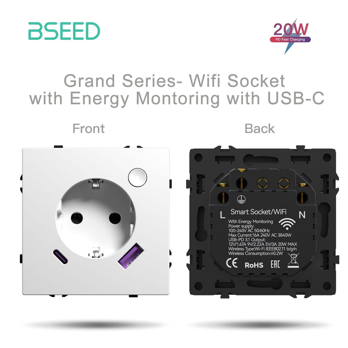 Grand Series DIY Part Customized free combinations Plastic Panels White Color Power Outlets & Sockets Bseedswitch WiFi Eu socket with energy montoring with 20W AC port