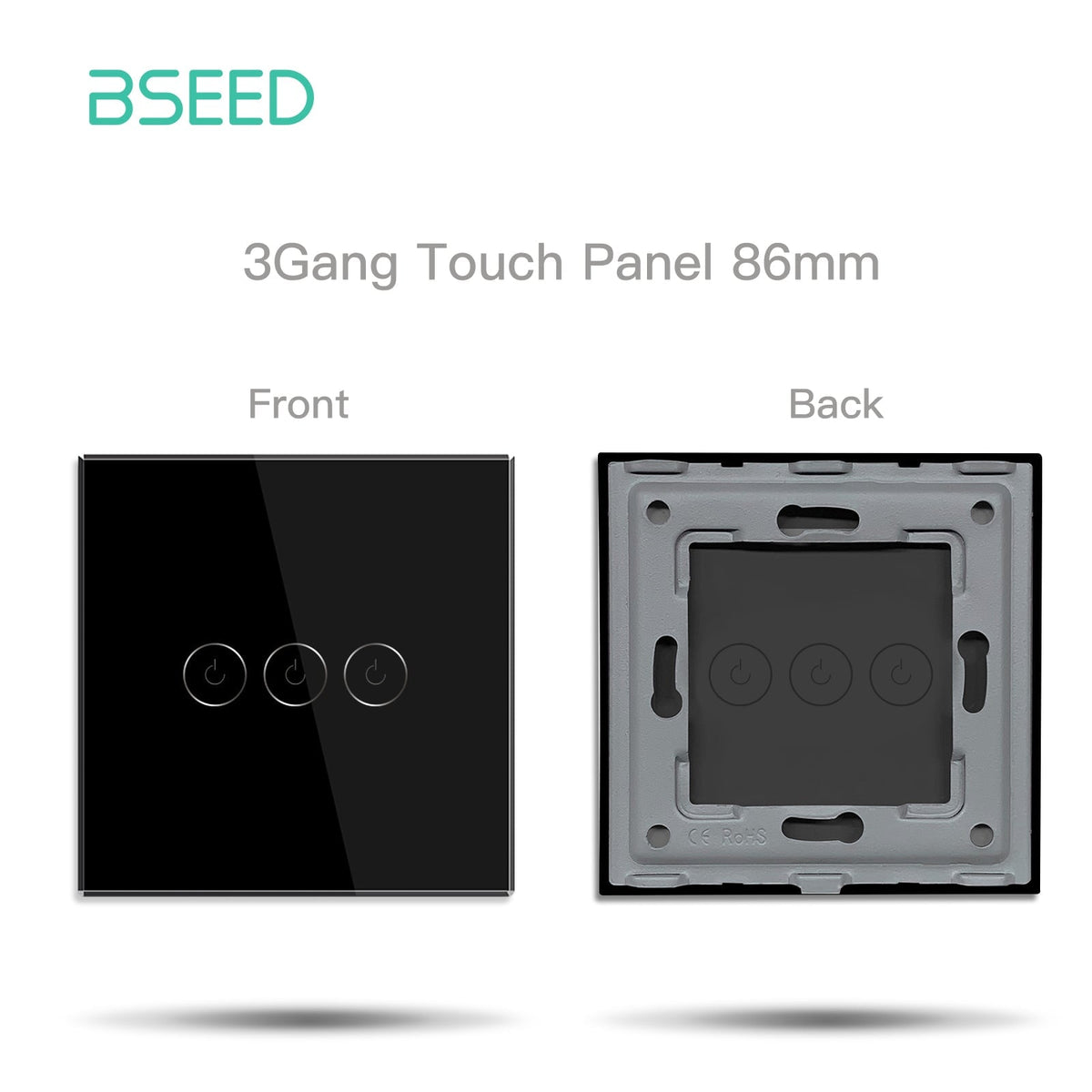 BSEED 86mm Crystal Glass Panel With Metal Pearl 1/2/3 Gang Only Panel Bseedswitch Black 3Gang
