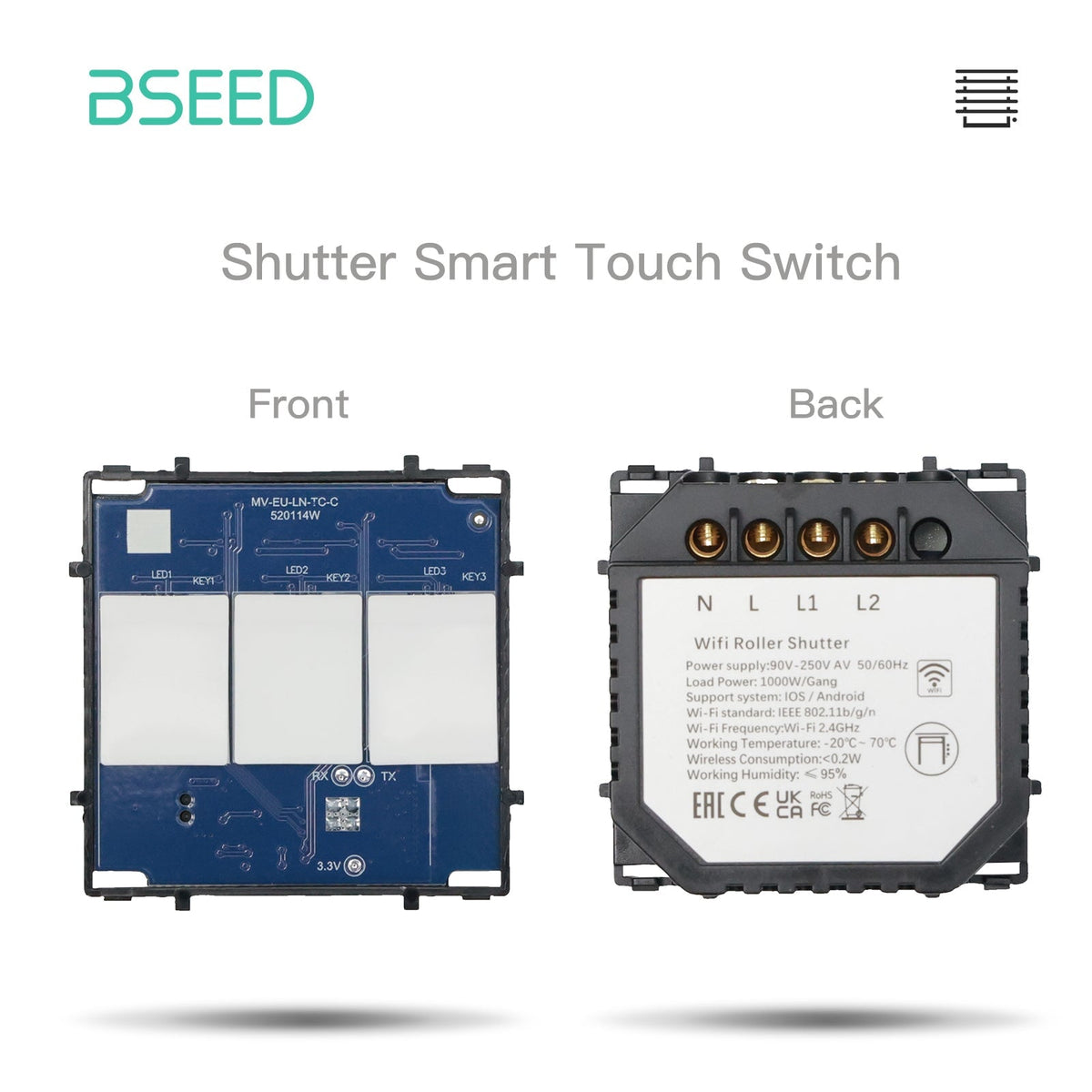 Bseed ZigBee WiFi Interruptor de Cortina / Persianas con Tecla de Función sin Panel de Vidrio Bseedswitch Interruptor de Persianas con Tecla de Función WiFi