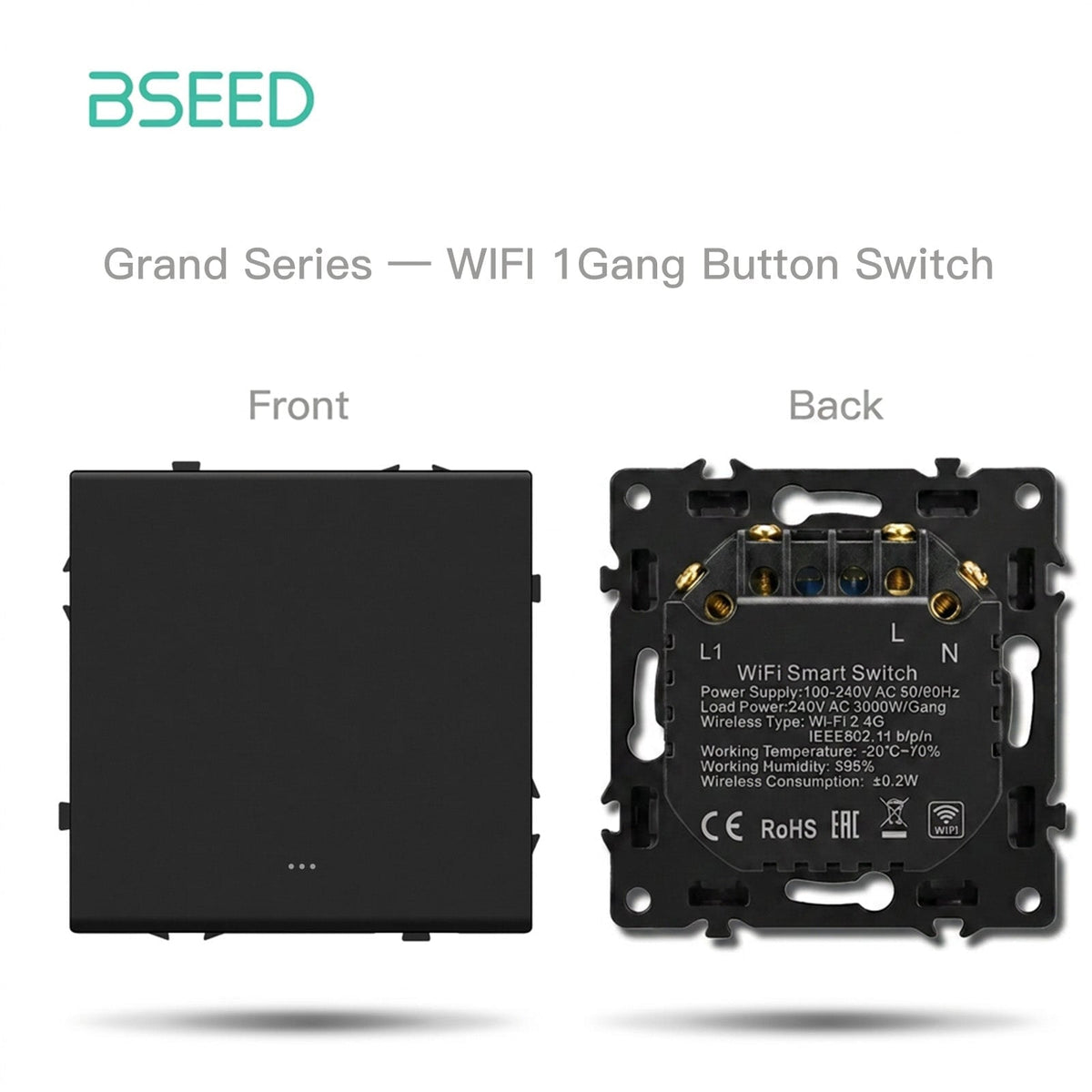 Interruttore Wi-Fi 1 Gang Bseed con neutro, serie Grand, componenti fai-da-te, combinazioni personalizzabili, pannelli in plastica, colore nero, prese e interruttori di corrente.