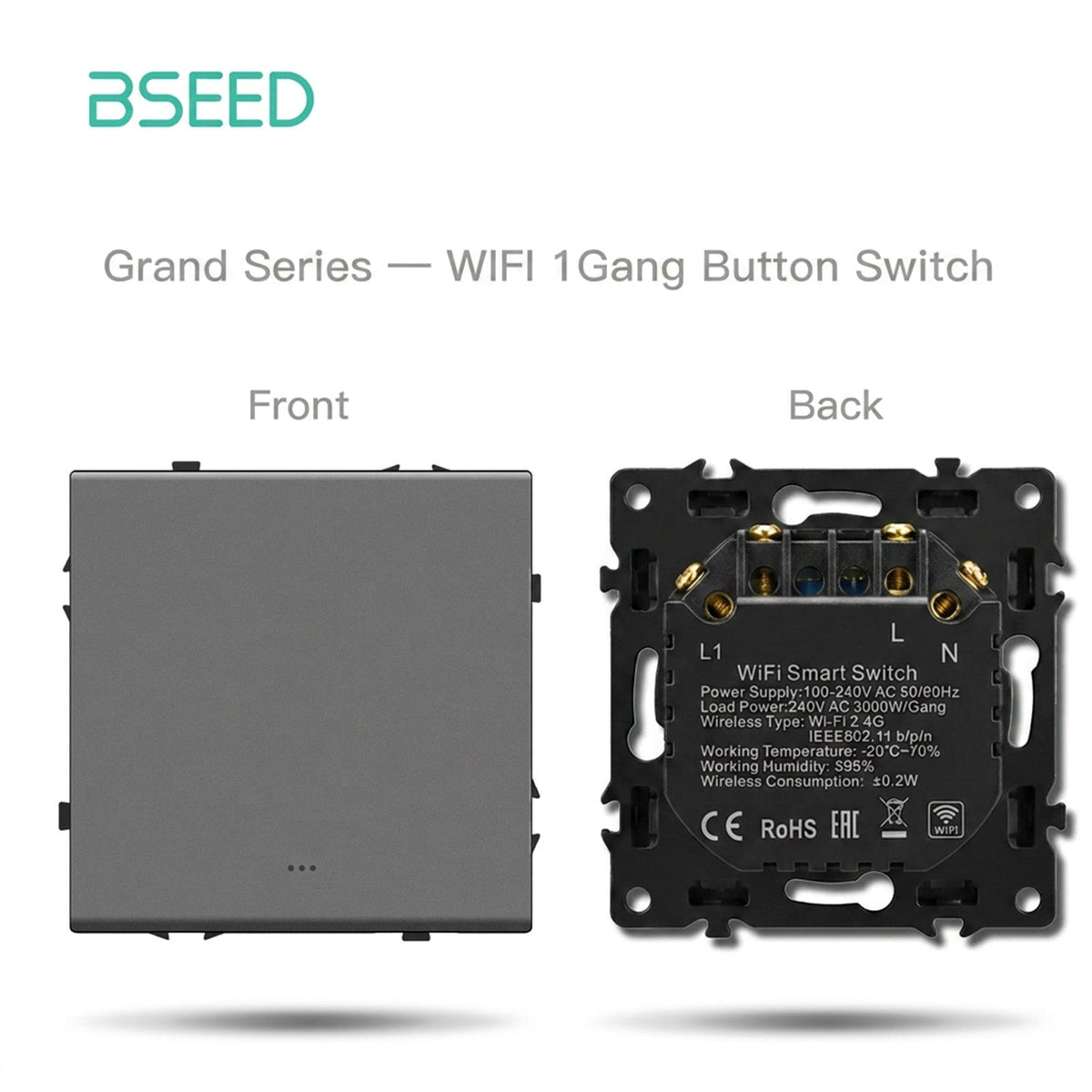 Grand Series doe-het-zelf onderdeel, aangepaste vrije combinaties, kunststof panelen, grijze kleur, stopcontacten en schakelaars, Bseedswitch wifi 1 Gang schakelaar met nulgeleider