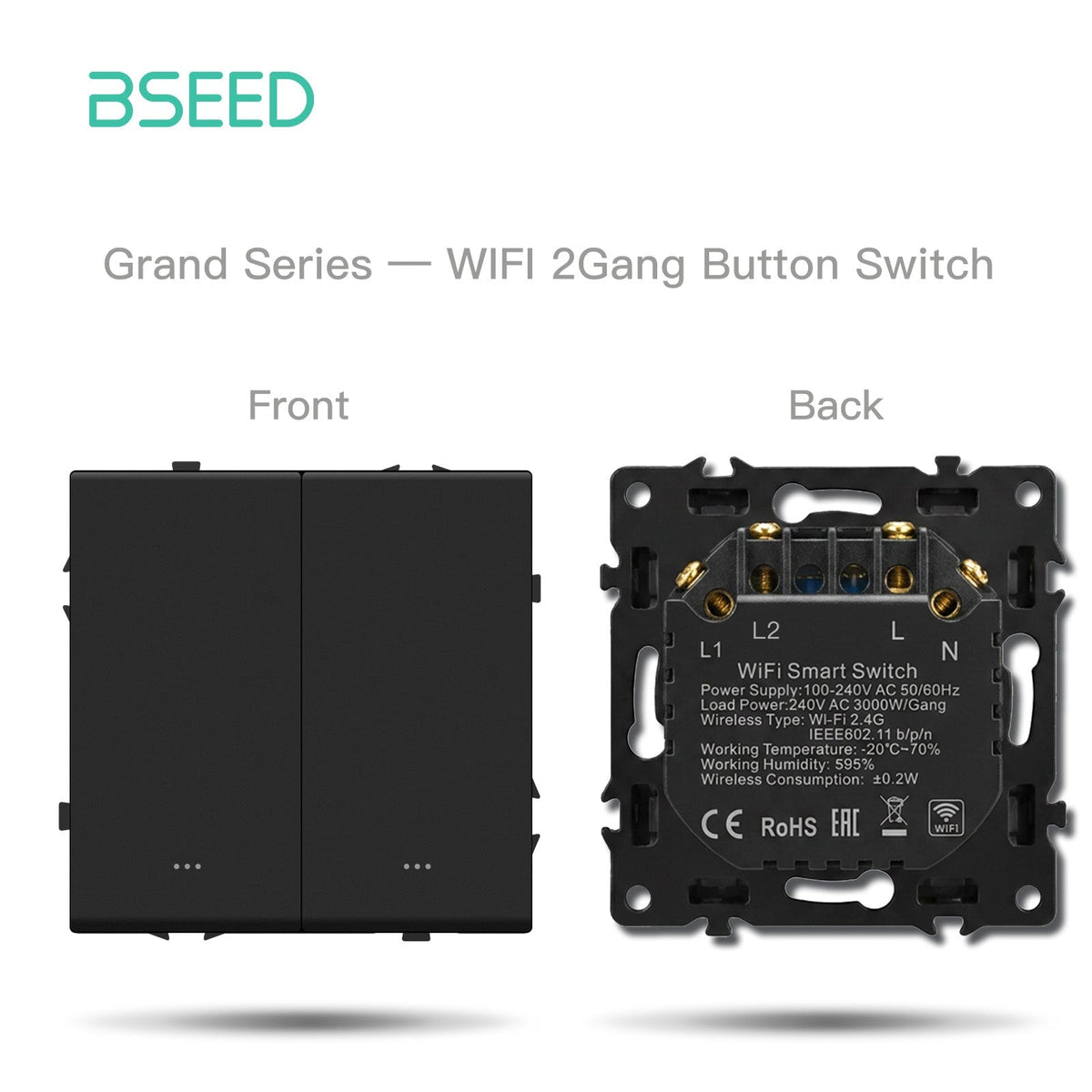 Interruttore Wi-Fi 2 Gang Bseed con neutro, serie Grand, componenti fai-da-te, combinazioni personalizzabili, pannelli in plastica, colore nero, prese di corrente e interruttori.
