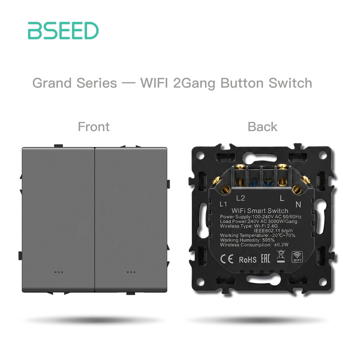 Grand Series doe-het-zelf onderdelen, aanpasbare combinaties, kunststof panelen, grijze wandcontactdozen en schakelaars, Bseed wifi 2 Gang schakelaar met nulgeleider
