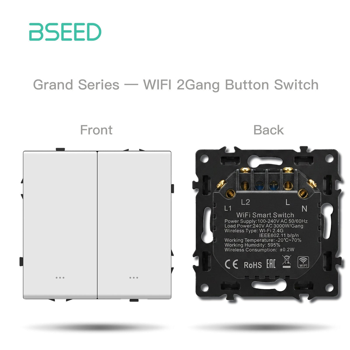 Interruttore WIFI 2 Gang serie Grand DIY, componenti personalizzabili, pannelli in plastica bianca, prese elettriche e interruttori Bseed con neutro