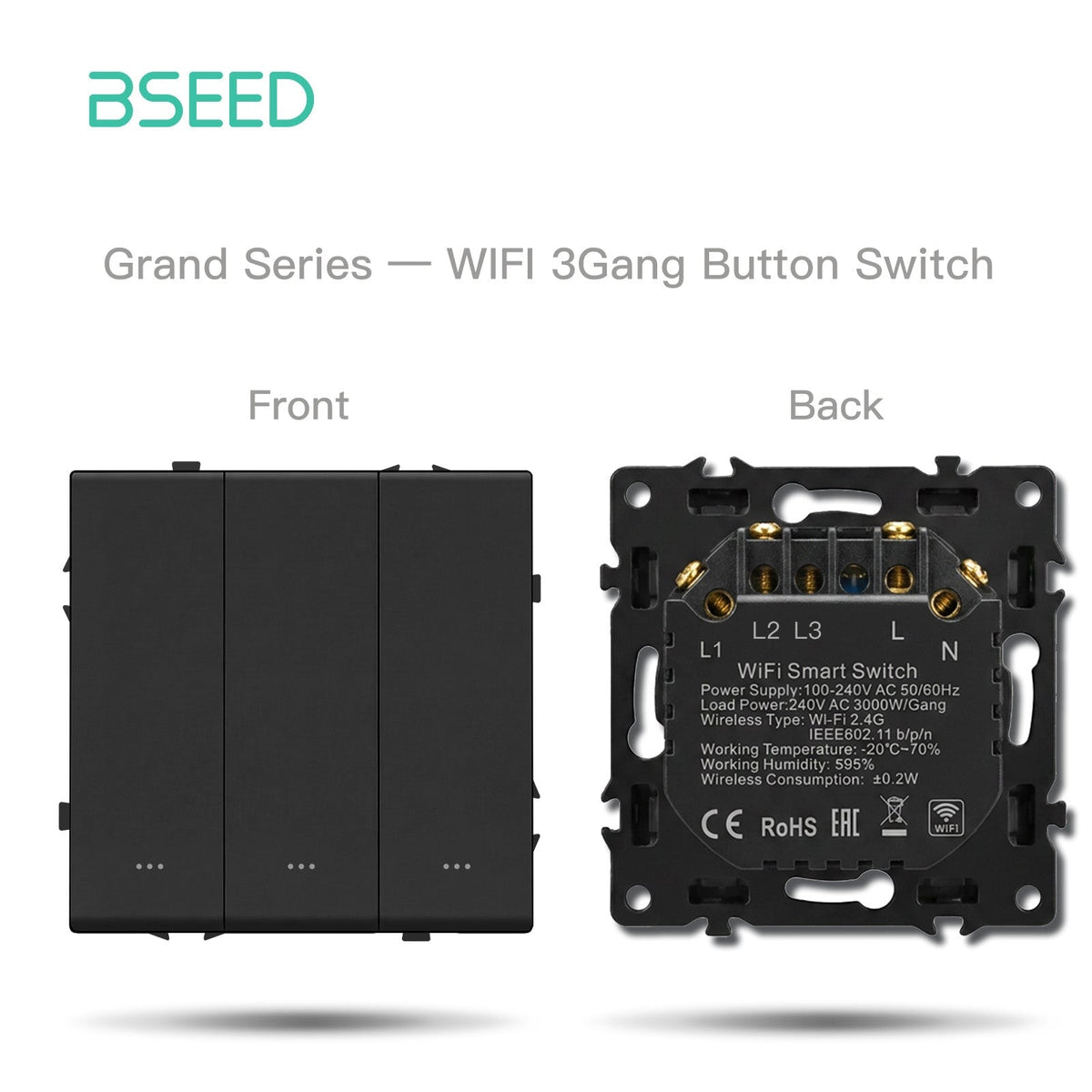 Interruttore Wi-Fi Bseed 3 Gang con neutro, serie Grand, componenti fai-da-te, combinazioni personalizzabili, pannelli in plastica, colore nero, prese di corrente.