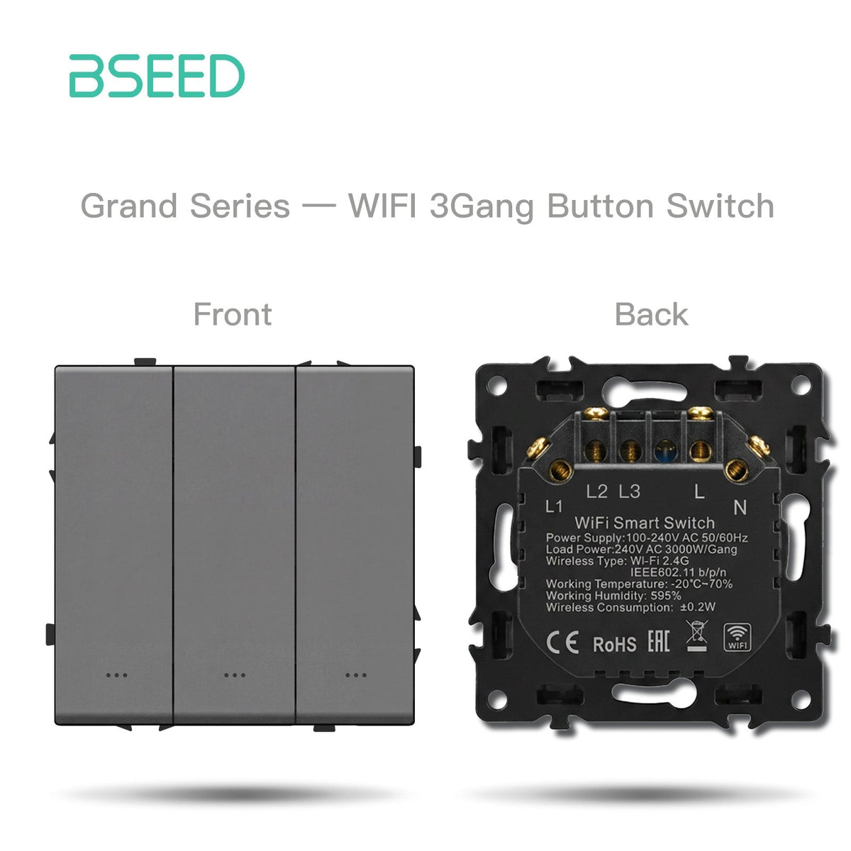 Grand Series doe-het-zelf onderdelen, aangepaste combinaties, kunststof panelen, grijze kleur, stopcontacten en schakelaars, Bseed Wifi 3 Gang schakelaar met nulgeleider