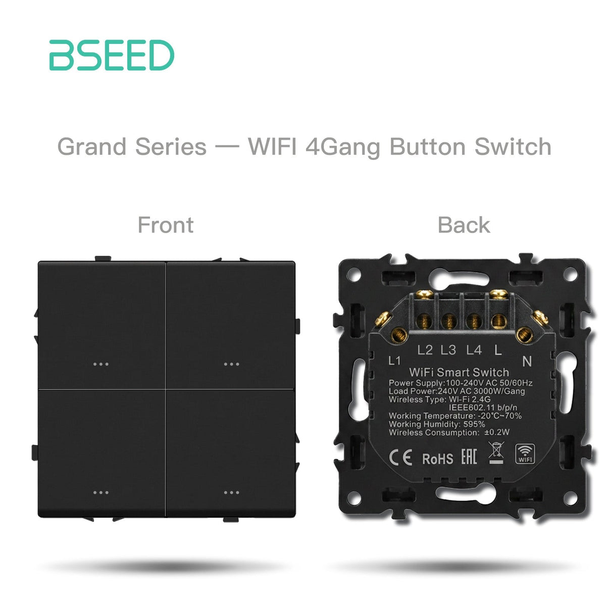 Interruttore Wi-Fi a 4 vie Bseed con neutro, serie Grand fai-da-te, pannelli in plastica nera personalizzabili con prese elettriche e moduli combinabili.