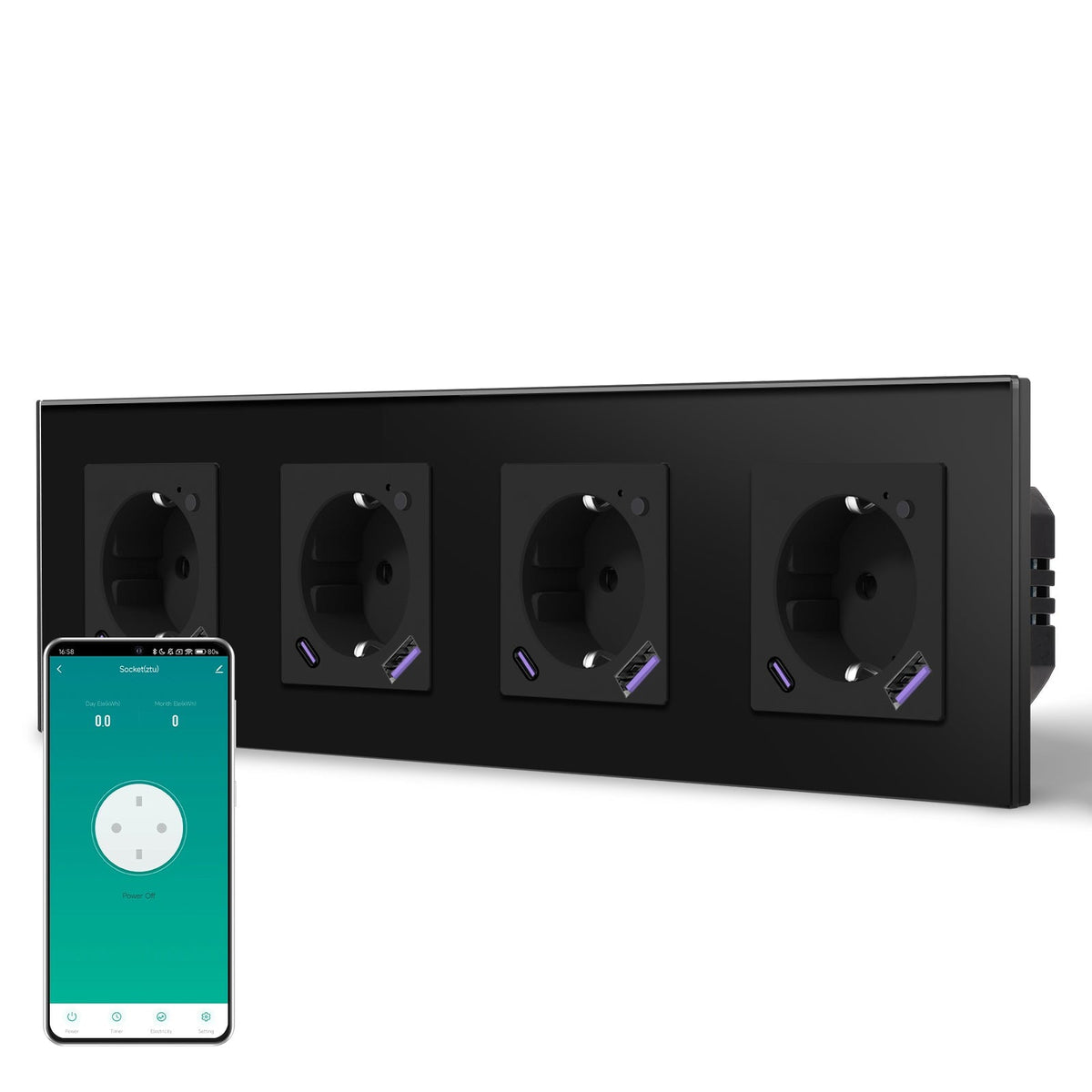 BSEED ZigBee EU Wall Sockets Type-C With USB With Energy Monitoring socket Bseedswitch Black Quadruple