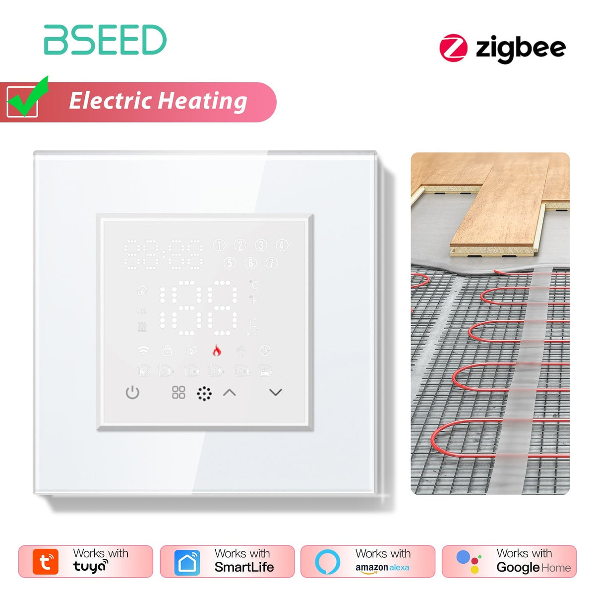 BSEED Echo Series Smart Zigbee Touch LED Screen Floor Heating Room Thermostat Controller Thermostats Bseedswitch White Electric