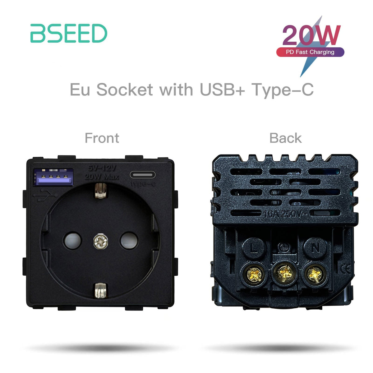 Bseed Crystal Glass Frame Smart Switch Socket Frame USB RJ45 Socket TV Satellite Wall Plug Function Parts DIY Free Combination Black Color Power Outlets & Sockets Bseedswitch Eu Socket with 20W USB+Type-c