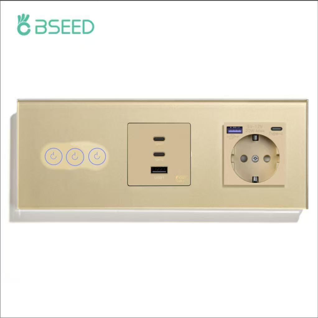 BSEED Product Customization Bseedswitch wifi 3gang switch with 65W socket with eu socket with 20W usb-c port