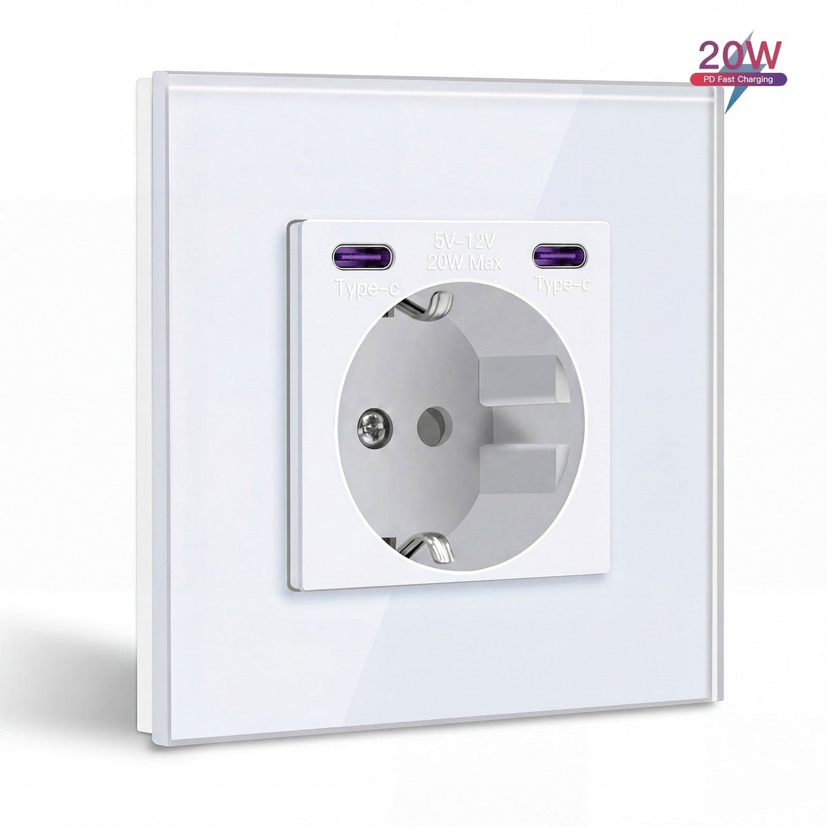 BSEED EU sockets with 20W Double Type-C Interface Outlet Wall Socket Plastic Panel Power Outlets & Sockets Bseedswitch White Glass Single