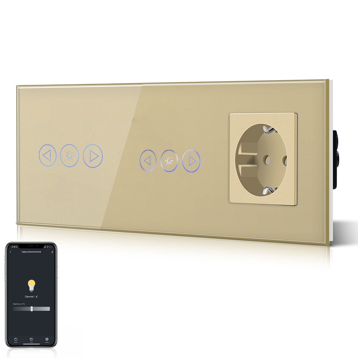 BSEED Smart WiFi Dimmer Light Switch With Normal EU Socket Double Light Switch with Socket Light Switches Bseedswitch Gold