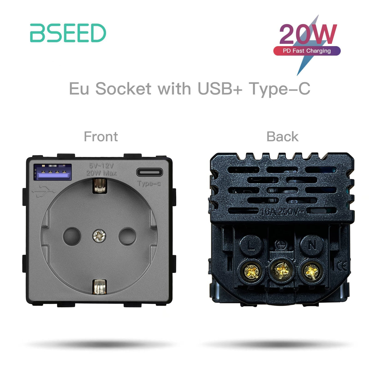 BSEED EU Type-C Interface Outlet Wall Socket 16A 20W USB-C Charge Power Outlets & Sockets Bseedswitch Grey 20W