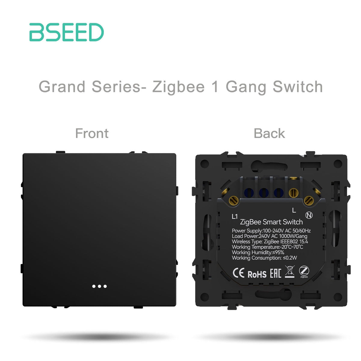 Interruttore Zigbee 1 Gang Bseed con neutro, serie Grand, componenti fai-da-te, combinazioni personalizzabili, pannelli in plastica, colore nero, prese di corrente e interruttori.