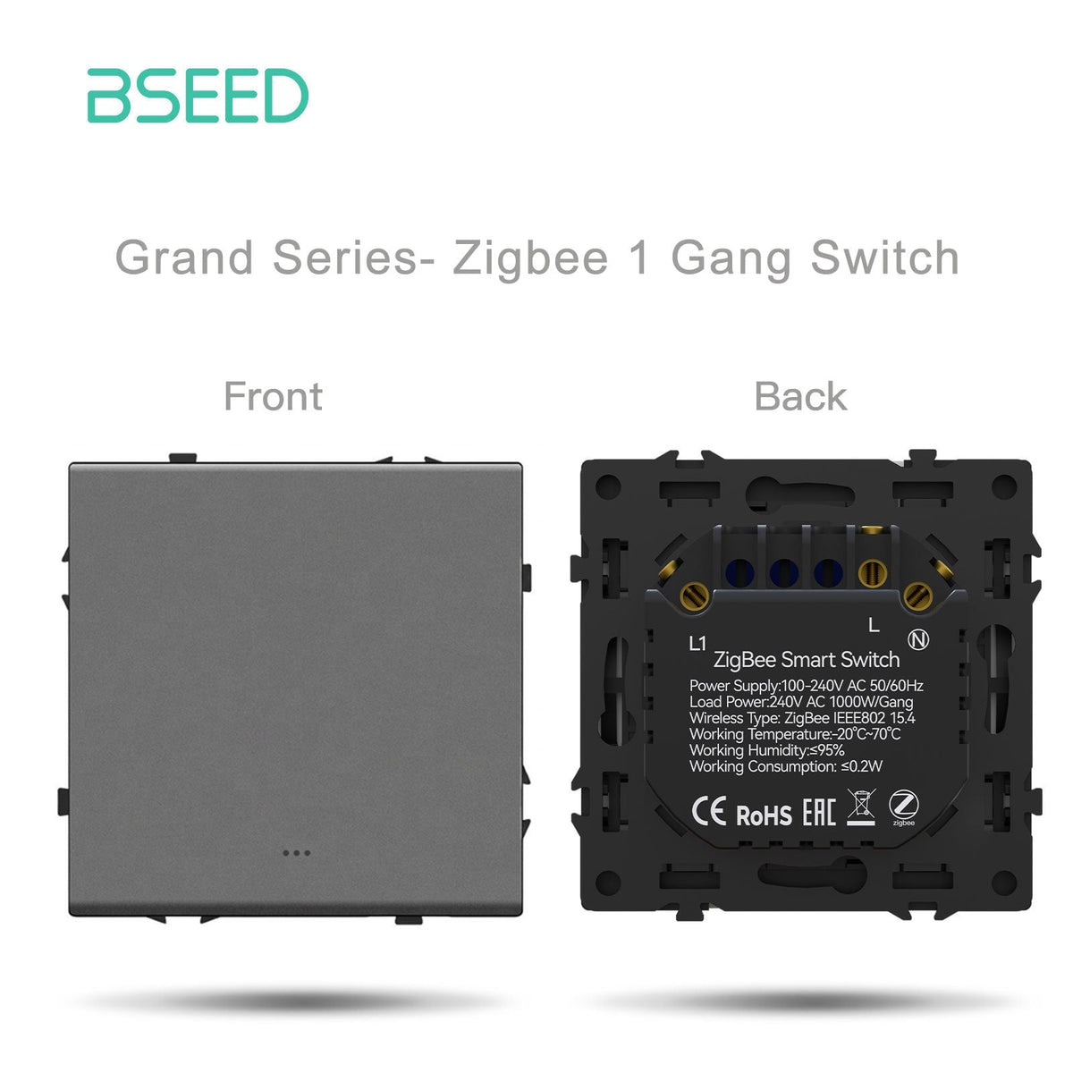 Grand Series doe-het-zelf onderdeel, aangepaste vrije combinaties, kunststof panelen, grijze kleur, stopcontacten en schakelaars, Bseed Zigbee 1 Gang schakelaar met nulgeleider
