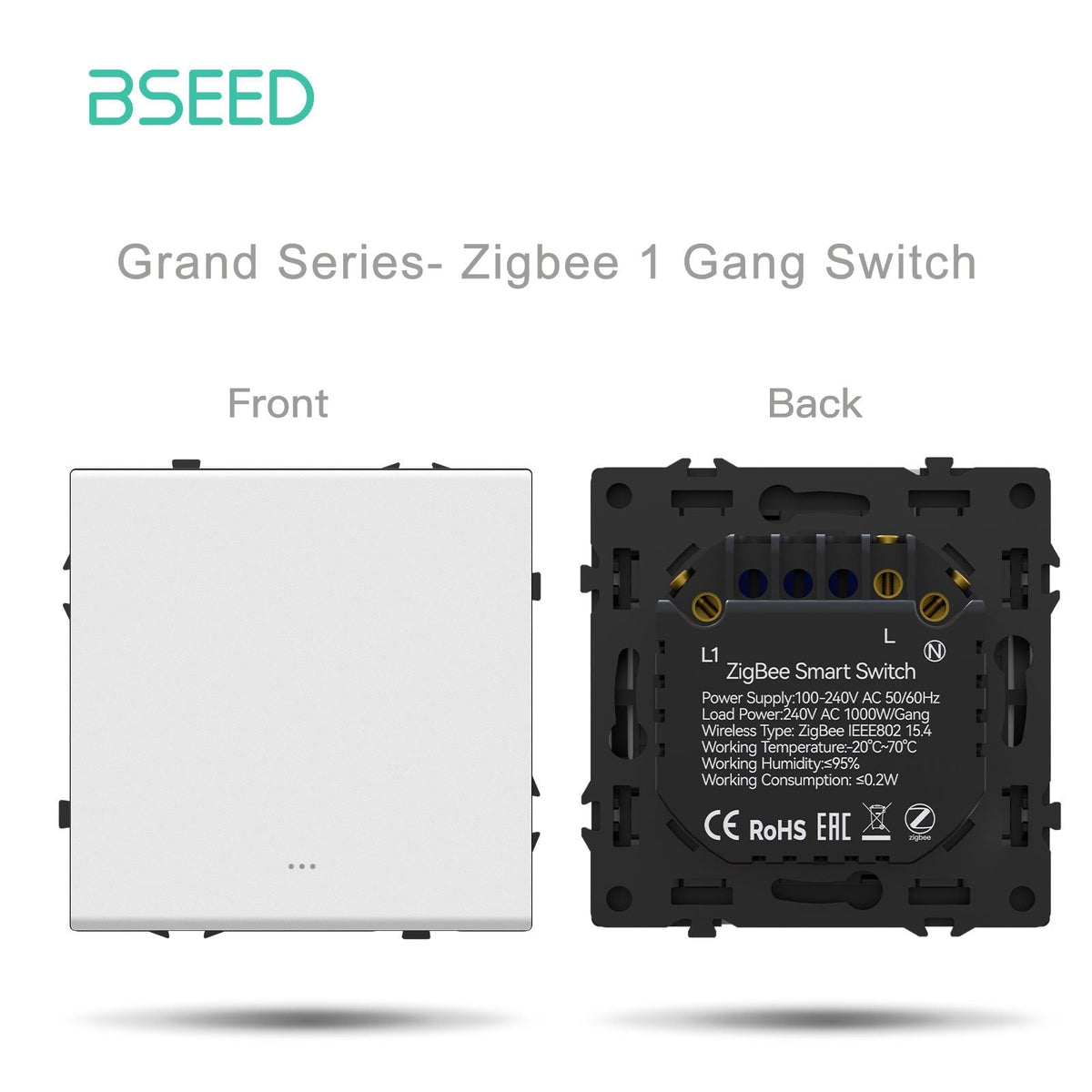Interruttore Zigbee 1 Gang Bseed con neutro, serie Grand, componenti fai-da-te, combinazioni personalizzabili, pannelli in plastica, colore bianco, prese e interruttori di corrente.