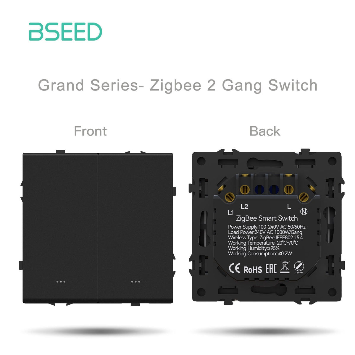 Interruttore Zigbee 2 Gang Bseed con neutro, serie Grand, componenti fai-da-te, pannelli in plastica personalizzabili, prese e interruttori colore nero.