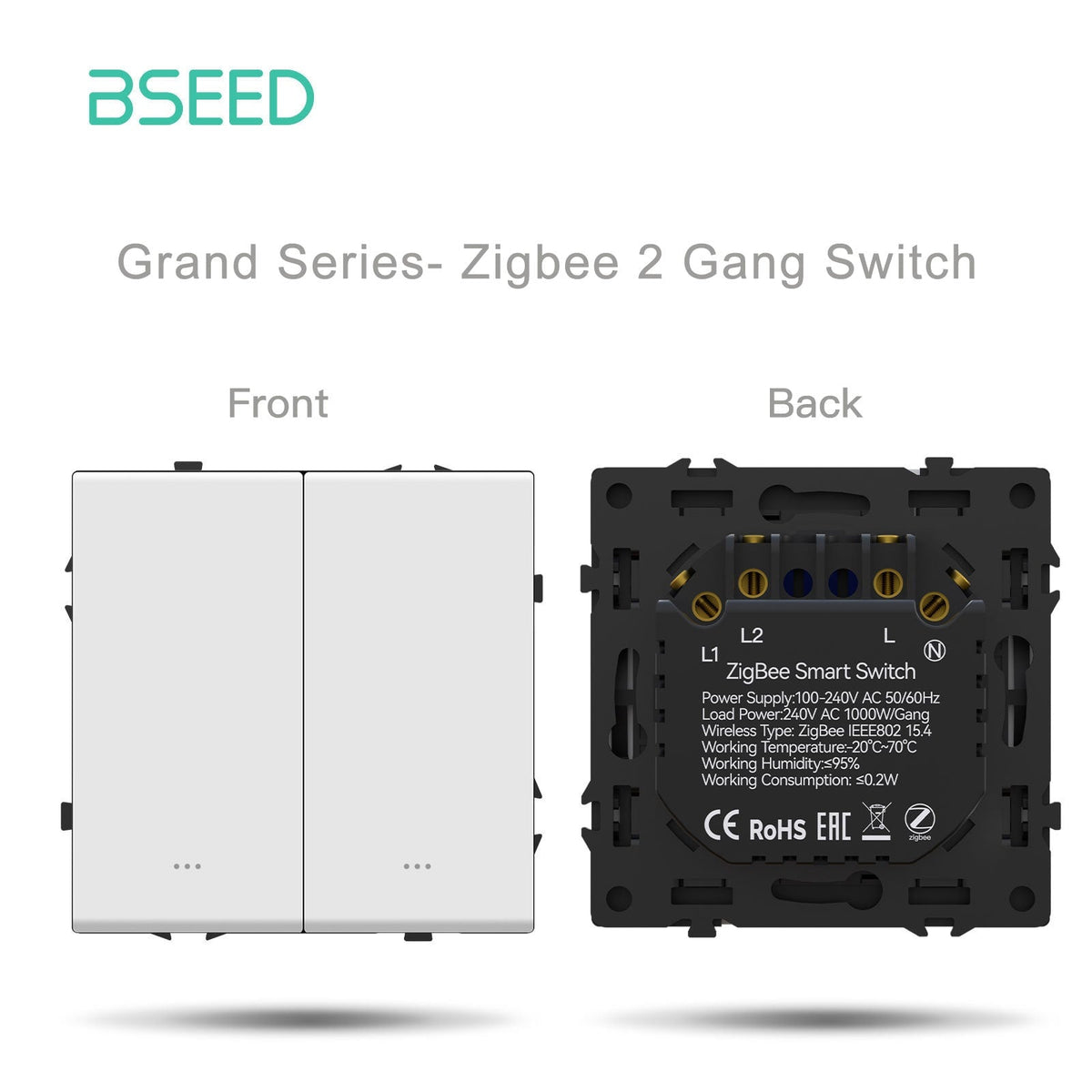 Interruttore Zigbee 2 Gang Bseed con neutro, serie Grand, componenti fai-da-te, combinazioni personalizzabili, pannelli in plastica, colore bianco, prese di corrente e interruttori.