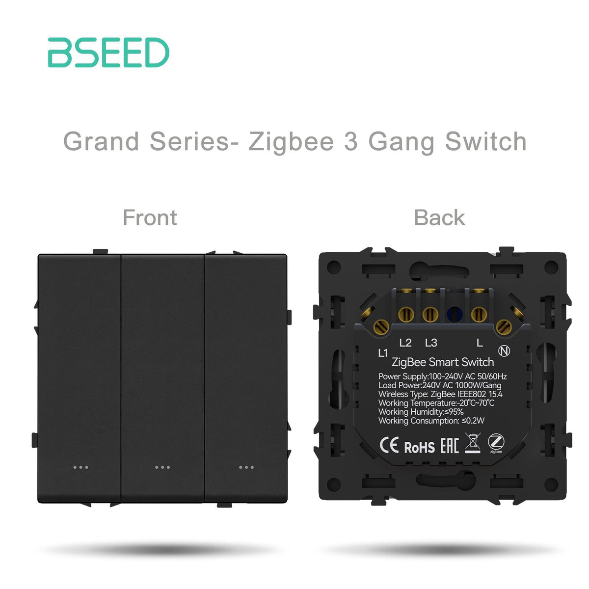 Interruttore Zigbee 3 Gang Bseed con neutro, serie Grand, componenti fai-da-te, combinazioni personalizzabili, pannelli in plastica, colore nero, prese di corrente e interruttori.