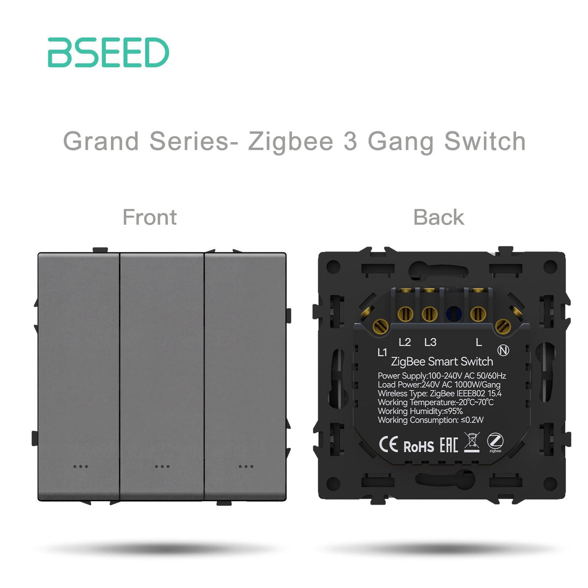 Grand Series DIY-onderdeel, aangepaste vrije combinaties, kunststof panelen, grijze kleur, stopcontacten en schakelaars, Bseed Zigbee 3 Gang schakelaar met nulgeleider
