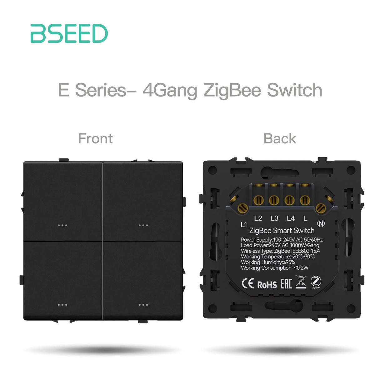 Grand Series DIY Part Customized free combinations Plastic Panels Black Color Power Outlets & Sockets Bseedswitch Zigbee 4 Gang Switch with Neutral