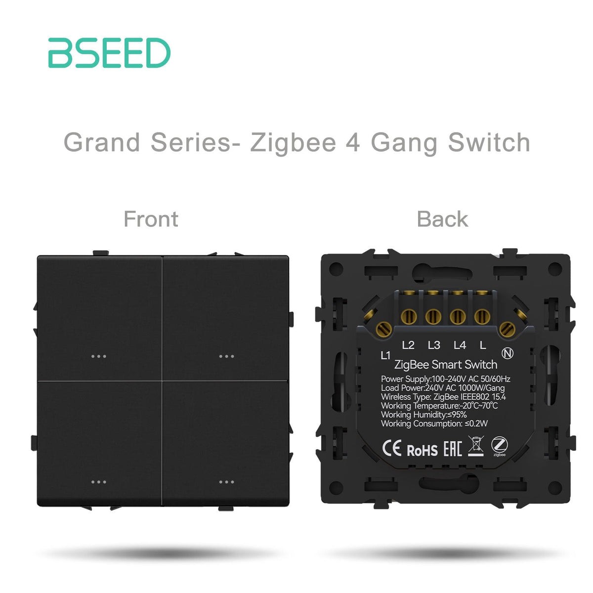 Interruttore Zigbee a 4 vie Bseed con neutro, serie Grand DIY, componenti personalizzabili, pannelli in plastica, colore nero, prese e interruttori.
