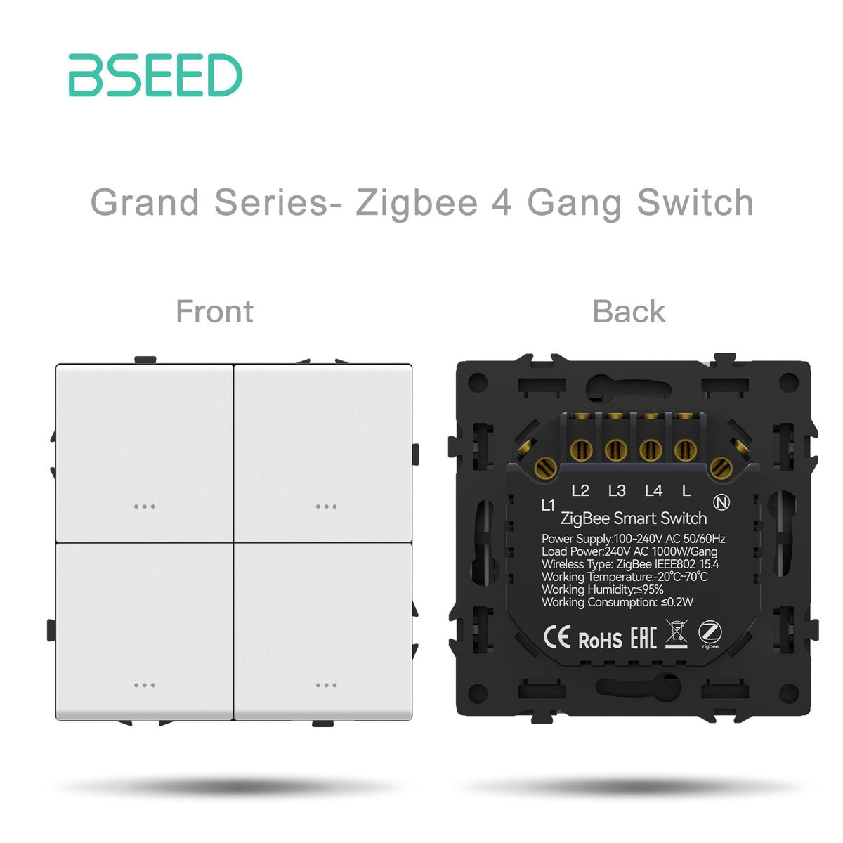 Interruttore Zigbee 4 gang Bseed con neutro, serie Grand fai-da-te, componenti personalizzabili, pannelli in plastica bianca, prese e interruttori.